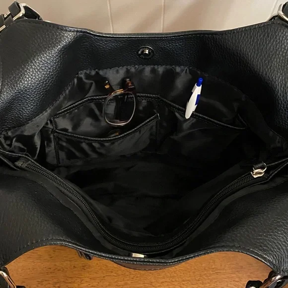 New, unused Nicole Black leather purse, straps, multi pockets, zipper accents. - Picture 3 of 8